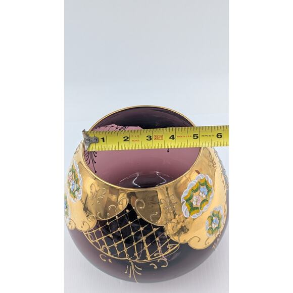 Large Bohemian Glass Bowl Purple Amethyst Gold Gilt Enameled Applied Flowers 7" - Picture 13 of 13